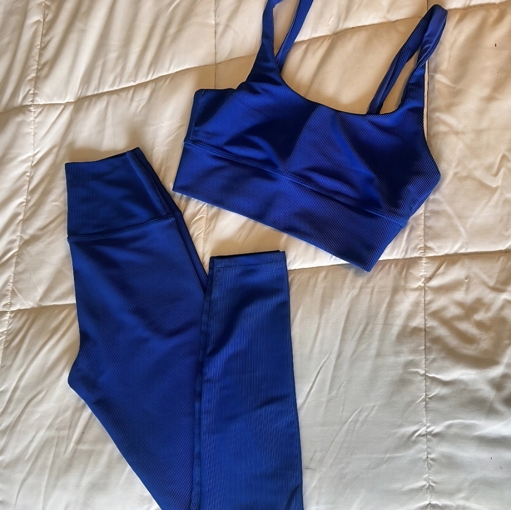 Beach Riot Electric Blue Ribbed Leggings & Sports Bra Set